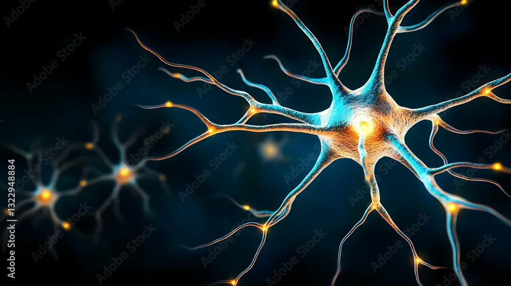 Poster the image shows a detailed close-up of a neuron, or nerve cell, with its branching dendrites and axo
