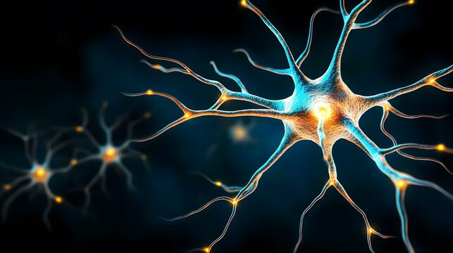 The image shows a detailed close-up of a neuron, or nerve cell, with its branching dendrites and axon, glowing with light at the synapses; another neuron is visible in the background.