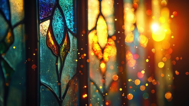 Stained glass window reflection historic church photography warm atmosphere close-up artistic vision