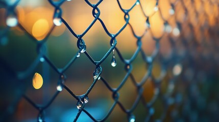 Fototapeta premium Raindrops on a chain-link fence at dusk urban setting macro photography tranquil mood
