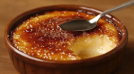 A golden-brown crme brle with a perfectly caramelized sugar crust and a spoon cracking into it.