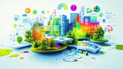 Obraz premium Data management infographic concept. Vibrant Futuristic City Showcasing Sustainable Urban Planning and Technological Advancements