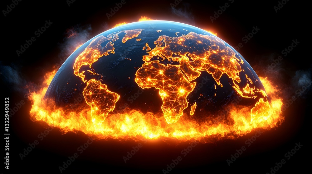 Poster the image shows a 3d rendering of the earth engulfed in flames, with glowing lines representing conn