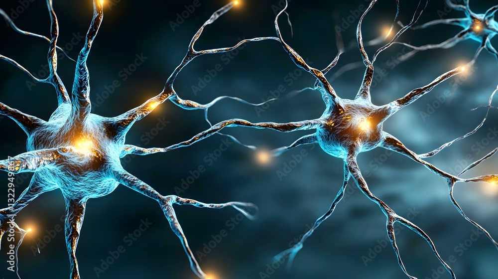 Poster the image shows a detailed close-up of two neurons, their intricate branching structures and glowing