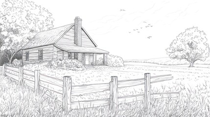 Fototapeta premium Rustic cabin, peaceful countryside, summer day, rural landscape, home design