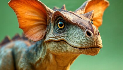 Fototapeta premium Close-up of a Small, Cute Dinosaur Portrait Against Green Background