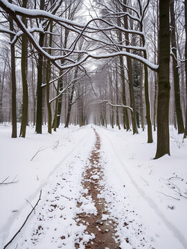 An amazing view of an untrodden forest path over which tree branches bent under the weight of freshly fallen snow.