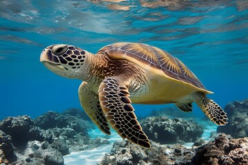 Fototapeta premium Green Sea Turtle swimming in clear blue water, underwater image taken