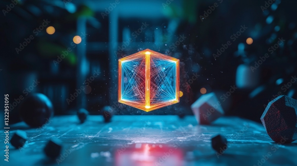 Poster futuristic data analysis glowing 3d cube abstract