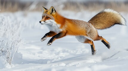 Fototapeta premium Fox leaps through snowy landscape wildlife photography winter wonderland dynamic angle nature's beauty