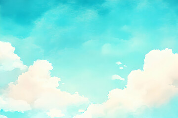 Serene watercolor painting of a light blue sky with fluffy white clouds, perfect for backgrounds, design projects, and calming visuals.