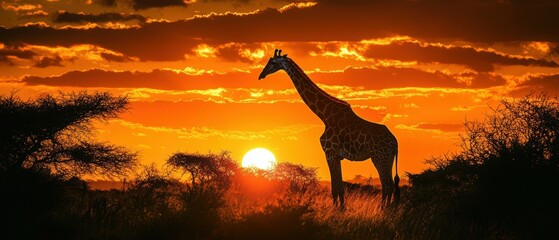 Stunning sunset giraffe silhouette in serene savannah wildlife scene