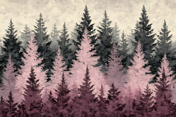 Fototapeta premium Dreamy pink and grey forest scene, textured background, artistic rendering of pine trees.
