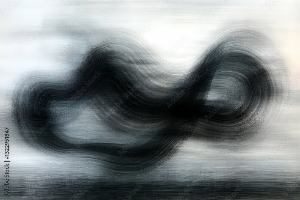 Poster abstract grayscale artwork featuring dynamic, swirling lines and textures, creating a sense of motio