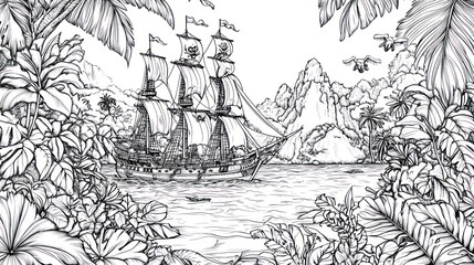 Pirate ship sails tropical bay, island backdrop; coloring book page