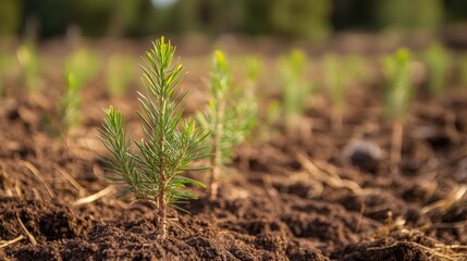 Young Pine Seedlings Growing in Fresh Soil Under Sunlight