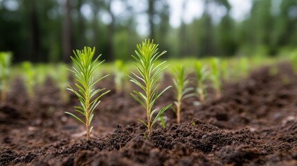 Fresh Seedlings Emerging from Rich Earth in Forest Environment