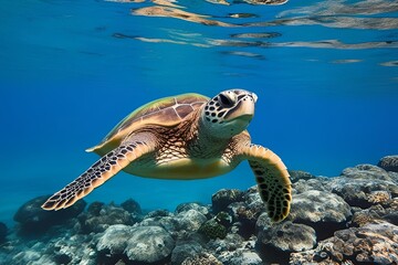 Obraz premium Green Sea Turtle swimming in clear blue water, underwater image taken