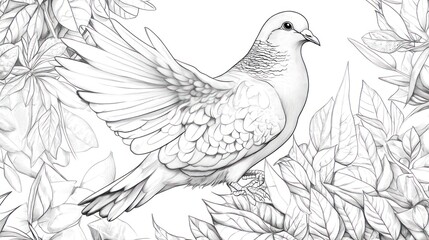 Fototapeta premium Dove in flight amidst blooming azaleas, garden scene, nature illustration