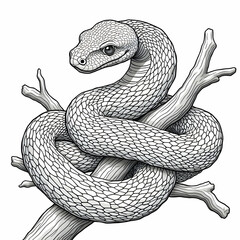 Obraz premium Python snake coiled around a branch, line art illustration