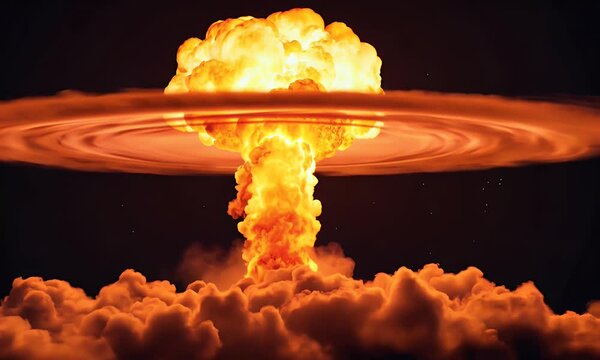 A dramatic nuclear explosion with a fiery mushroom cloud against a dark sky.