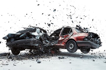Shattered cars after high-speed crash, twisted metal, and debris scattered, isolated white setting