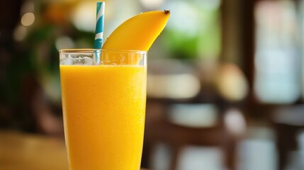 A tall glass of tropical mango smoothie with a straw and a slice of mango garnish.