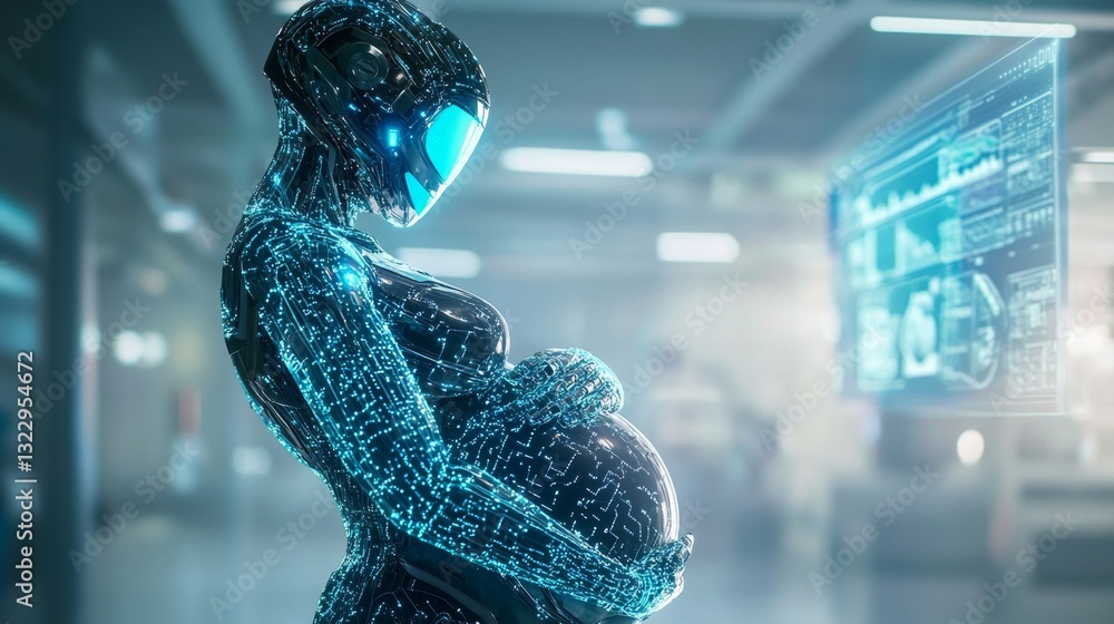 Poster a futuristic robotic figure cradles a glowing embryo in a high-tech environment. the scene reflects 