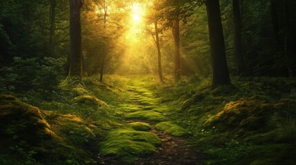 Obraz premium Serene Forest Path with Sunlight and Lush Greenery in Nature