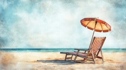 A rustic beachside setup with a reclining wooden chair and a vintage striped parasol. The worn wooden texture adds character, and the gentle play of sunlight creates a warm, nostalgic mood