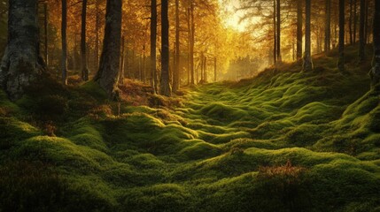 Fototapeta premium Beautiful Autumn Forest with Lush Green Moss and Golden Light