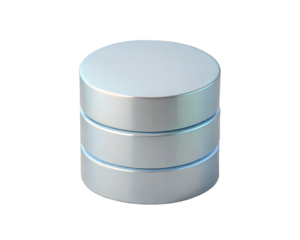 A sleek holographic 3D icon of a database stacked in three levels, isolated on white background, symbolizing modern data storage, technology, and digital systems in an abstract, futuristic design