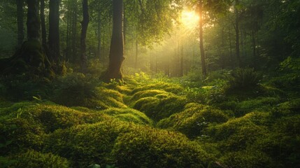 Obraz premium Sunlight Filtering Through Trees in a Serene Forest Landscape