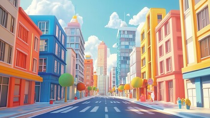 Obraz premium A colorful cartoon city street with buildings and a blue sky