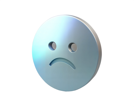 A modern holographic 3D icon representing a sad face, isolated on white background. This metallic design showcases a futuristic emotion symbol, perfect for digital, graphic design, and emotive content
