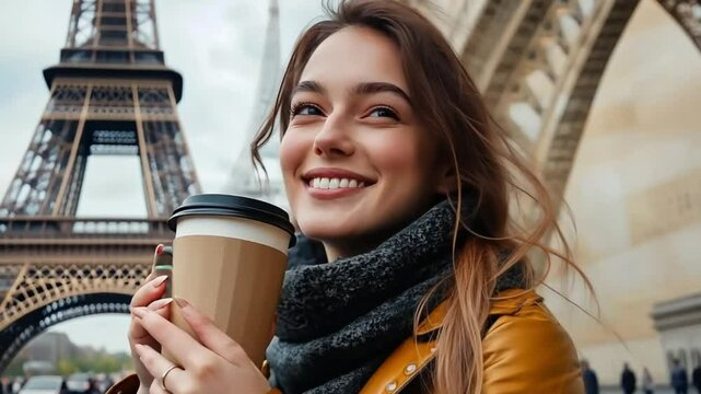 Young woman enjoying her takeaway coffee while visiting paris with the tower in the background