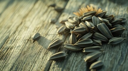 Sunflowers Seeds on Rustic Wooden Background