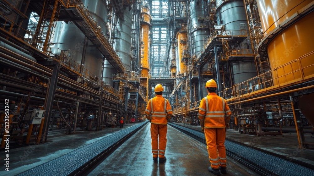 Leinwandbilder two workers in safety gear stand on a processing floor, monitoring the automated systems of a large 