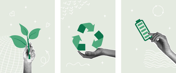 Trendy halftone collage. Environmentally friendly techniques. Zero waste lifestyle concept with sustainability elements. Hands holding a battery, sprout, recycling sign.