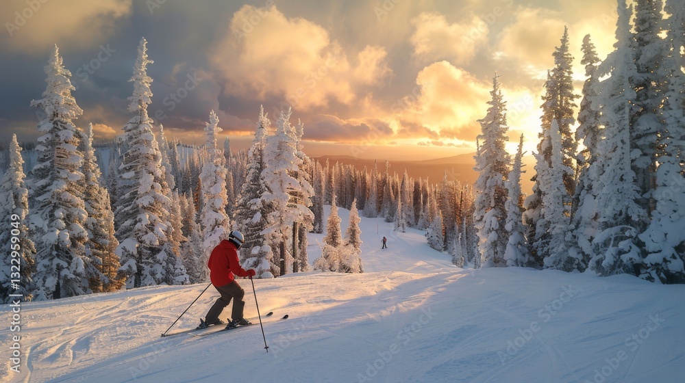 Poster a skier glides down a snow covered slope surrounded by tall pine trees as the sun sets in a vibrant 