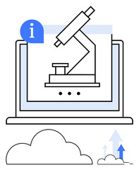 Microscope on laptop screen, cloud storage, upward arrows, info icon. Ideal for research, data sharing, technology, innovation education online tools analytics. Flat simple metaphor
