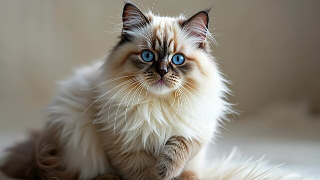  Fluffy Siamese Cat with Blue Eyes and Cream Fur Lying Down