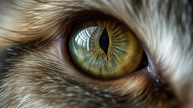  Detailed view of a cat's eye with a golden iris and intricate patterns