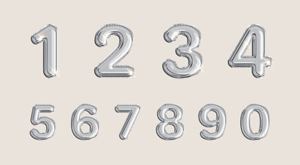 Silver number balloons. Festive, realistic scene. Vector illustration of numbers from 0 to 9.