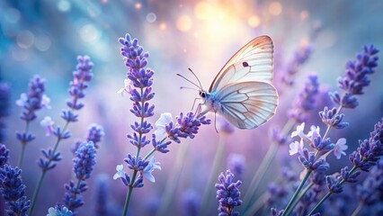 Naklejka premium Serene Butterfly Gracefully Alighting on Delicate Lavender Blossoms in a Sunlit Meadow