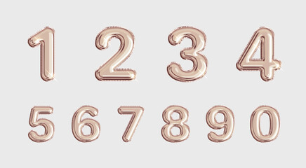 Rose gold number balloons. Festive, realistic scene. Vector illustration of numbers from 0 to 9.