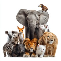 Obraz premium A diverse collection of animals posing together, showcasing wildlife harmony with an elephant and lion as central figures.