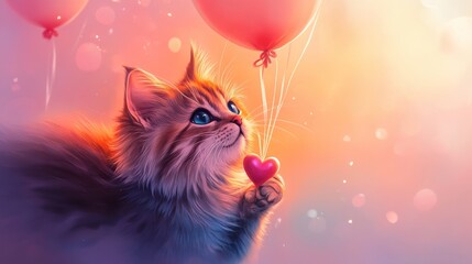 Fototapeta premium Charming cat illustrations with love theme, detailed whiskers and ear fluff, cats cuddling heart shapes, floating with balloons, gentle paw holding pose, swooning expressions, soft gradient