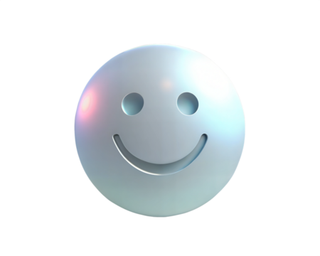 A glossy, holographic 3D smiley face icon with a modern, minimalist design, isolated on white background. Perfect for expressing happiness, positivity, and emotions in digital media.