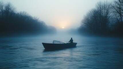 Fisherman rows misty river sunrise, tranquil scene